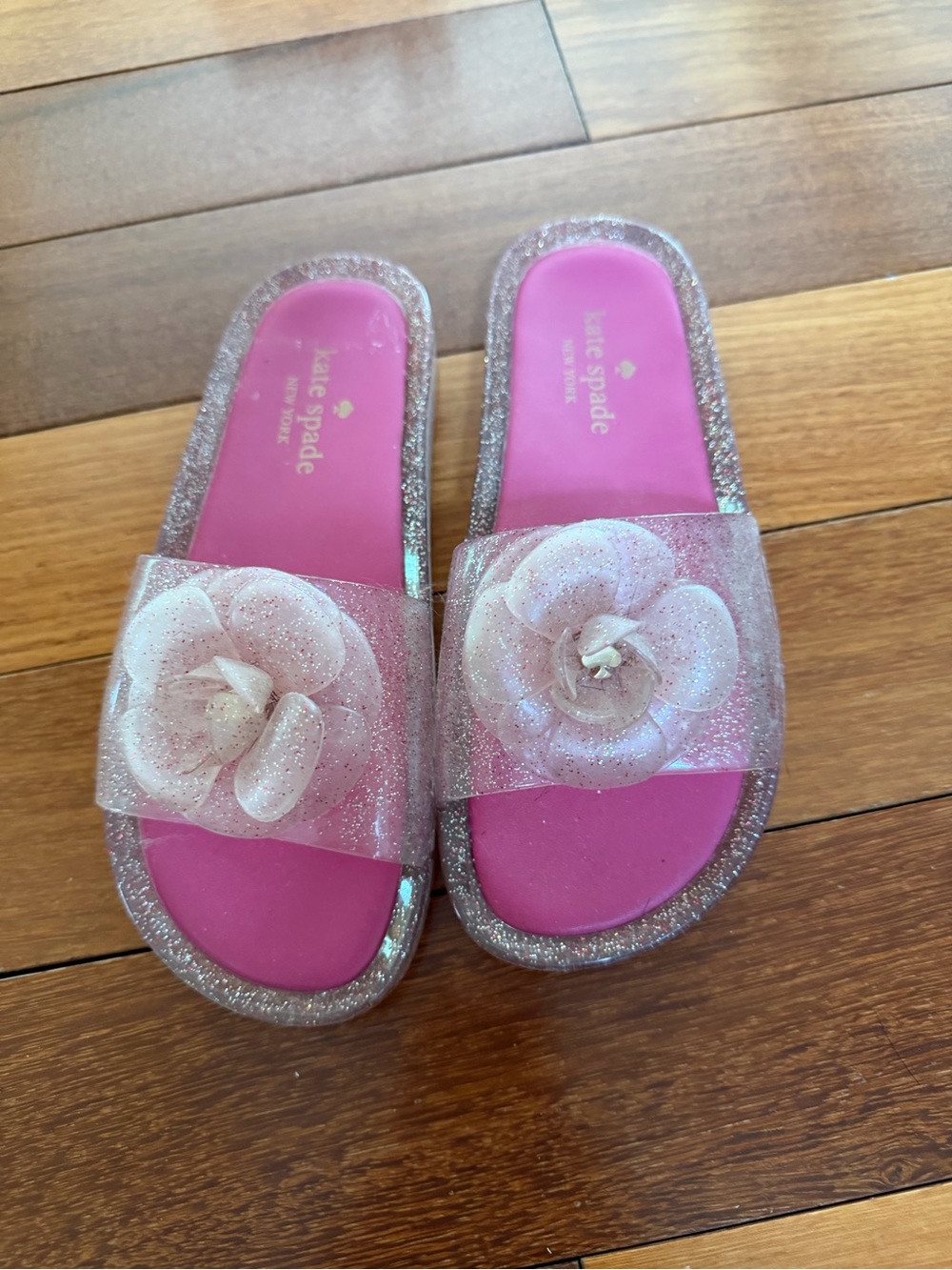 kate spade pink glitter floral jelly slides with rose accents